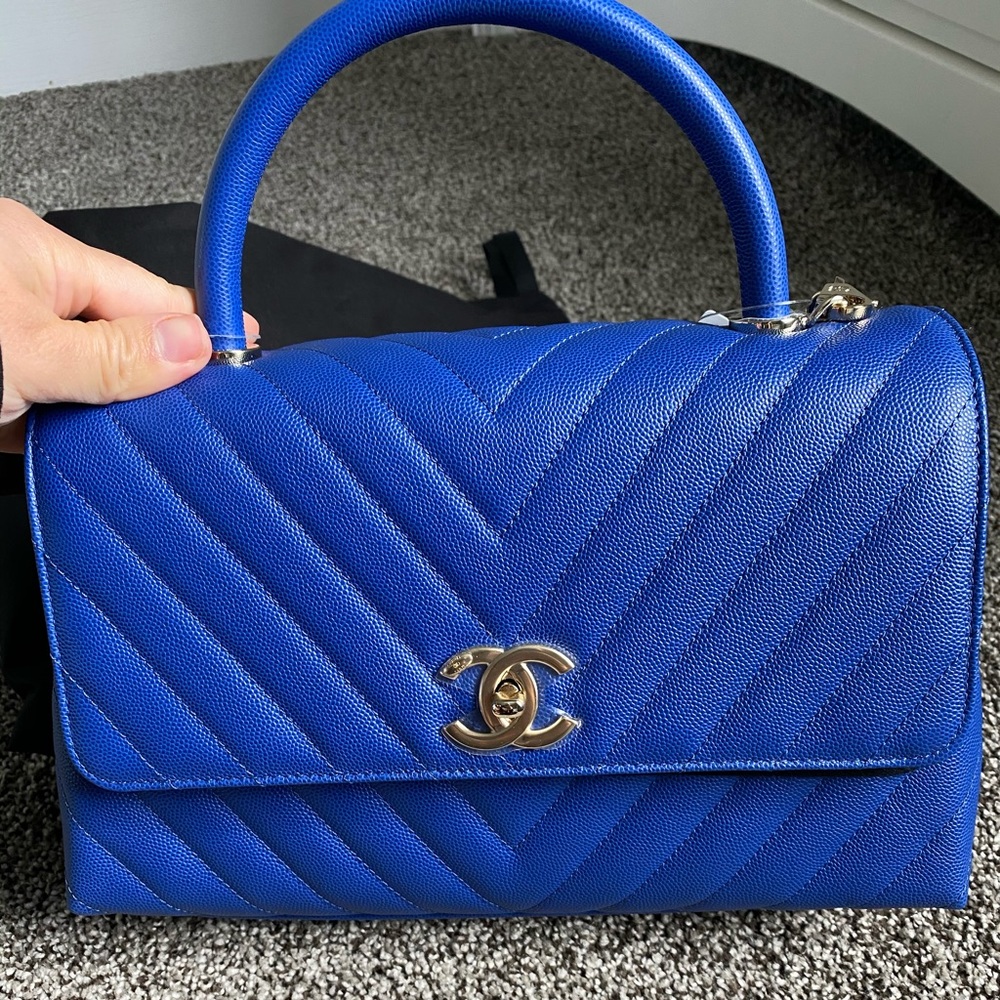 SOLD Chanel coco handle small med chevron blue